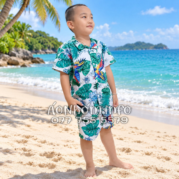 Bộ Áo Quần Nhóm Đi Biển Chim Vẹt Lá Xanh Tropical