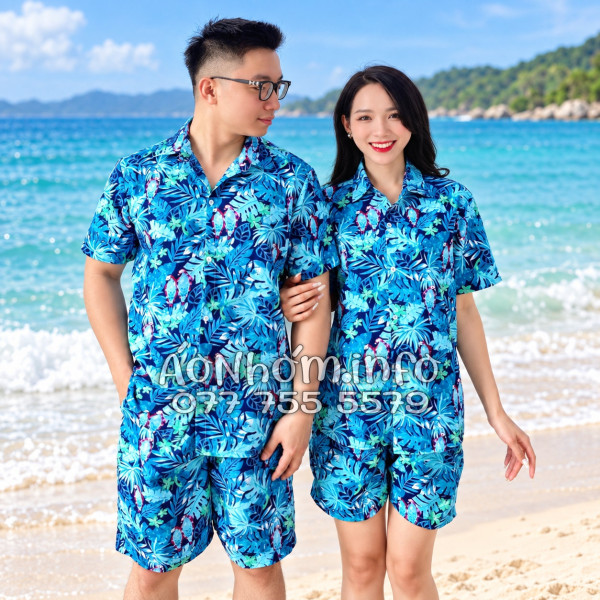 Bộ Áo Quần Nhóm Đi Biển Họa Tiết Vẹt Xanh Tropical