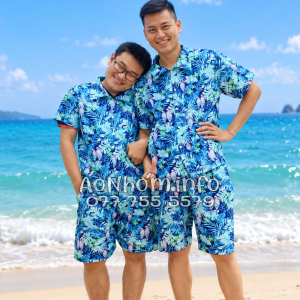 Bộ Áo Quần Nhóm Đi Biển Họa Tiết Vẹt Xanh Tropical