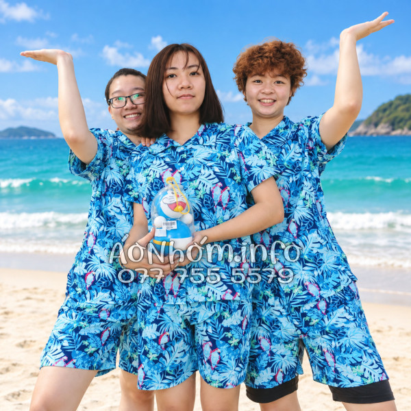 Bộ Áo Quần Nhóm Đi Biển Họa Tiết Vẹt Xanh Tropical