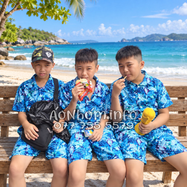 Bộ Áo Quần Nhóm Đi Biển Họa Tiết Vẹt Xanh Tropical