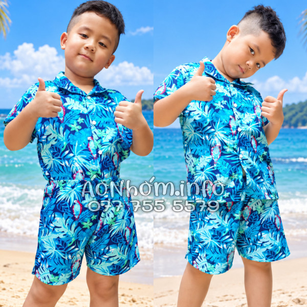 Bộ Áo Quần Nhóm Đi Biển Họa Tiết Vẹt Xanh Tropical