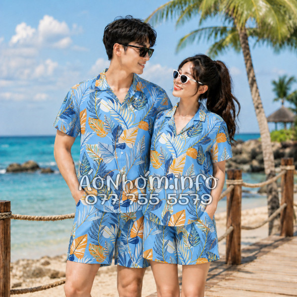 Bộ Áo Quần Nhóm Đi Biển Họa Tiết Lá Môn Xanh Tropical