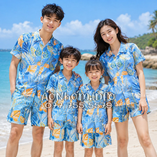 Bộ Áo Quần Nhóm Đi Biển Họa Tiết Lá Môn Xanh Tropical