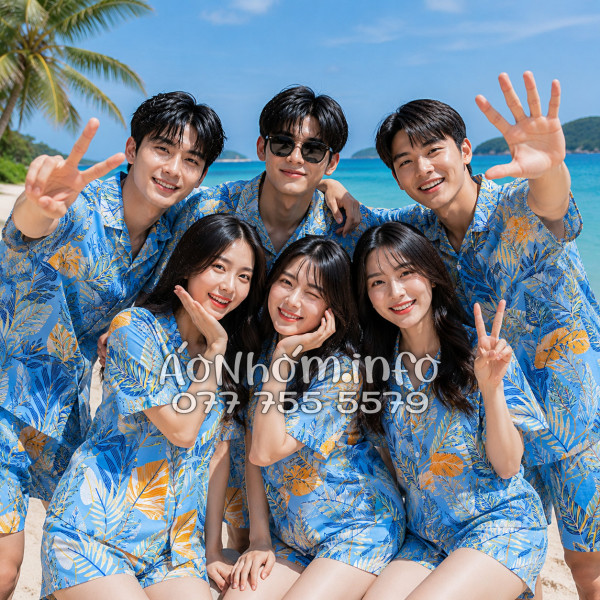 Bộ Áo Quần Nhóm Đi Biển Họa Tiết Lá Môn Xanh Tropical