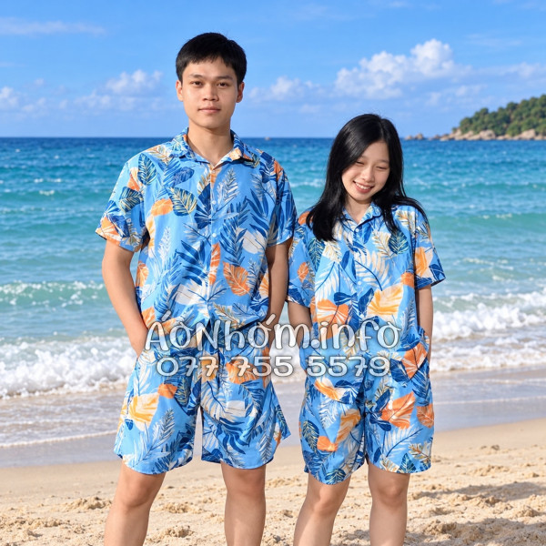 Bộ Áo Quần Nhóm Đi Biển Họa Tiết Lá Môn Xanh Tropical