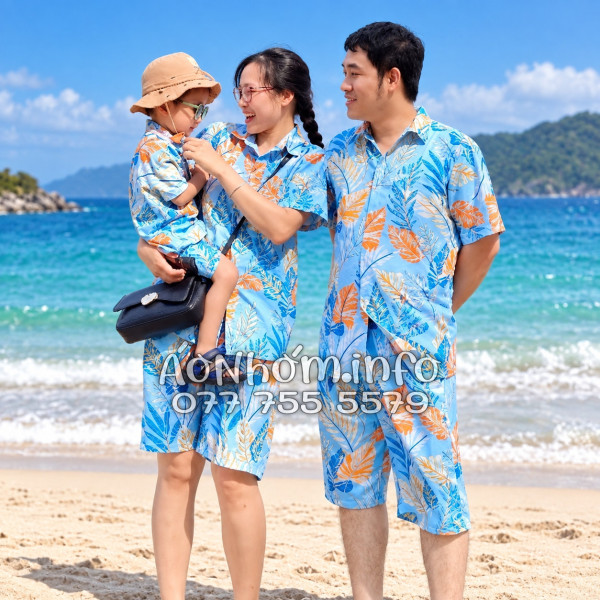 Bộ Áo Quần Nhóm Đi Biển Họa Tiết Lá Môn Xanh Tropical