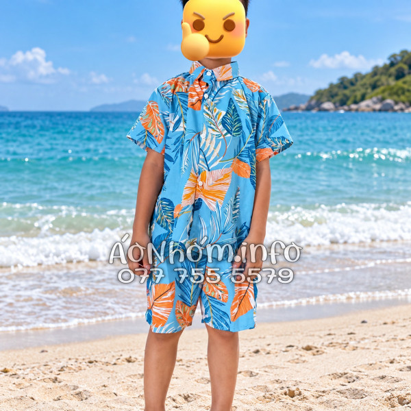 Bộ Áo Quần Nhóm Đi Biển Họa Tiết Lá Môn Xanh Tropical