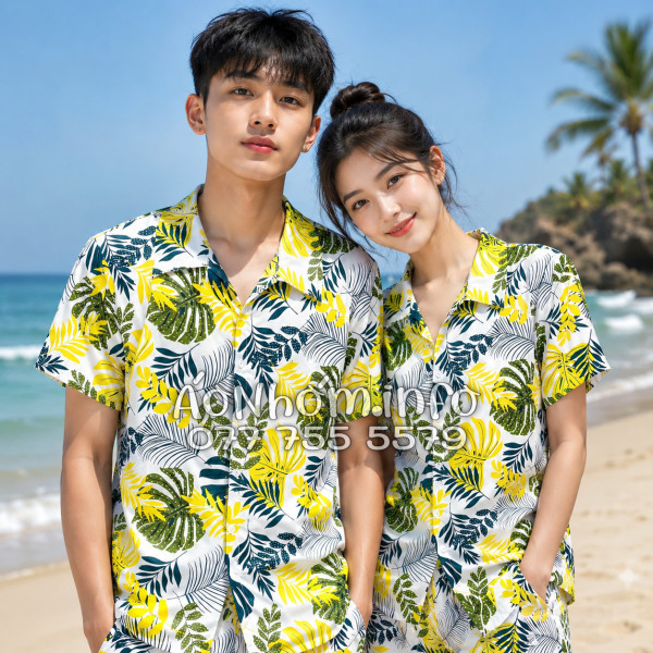 Bộ Áo Quần Nhóm Đi Biển Họa Tiết Lá Vàng Tropical