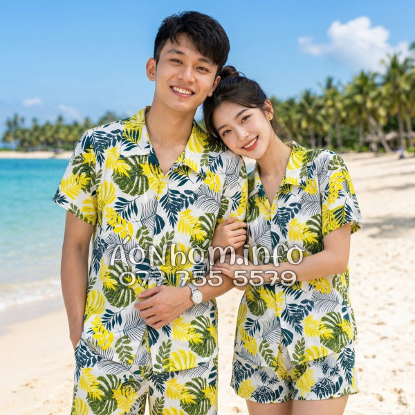 Bộ Áo Quần Nhóm Đi Biển Họa Tiết Lá Vàng Tropical