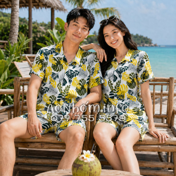 Bộ Áo Quần Nhóm Đi Biển Họa Tiết Lá Vàng Tropical