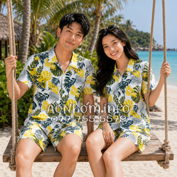 Bộ Áo Quần Nhóm Đi Biển Họa Tiết Lá Vàng Tropical