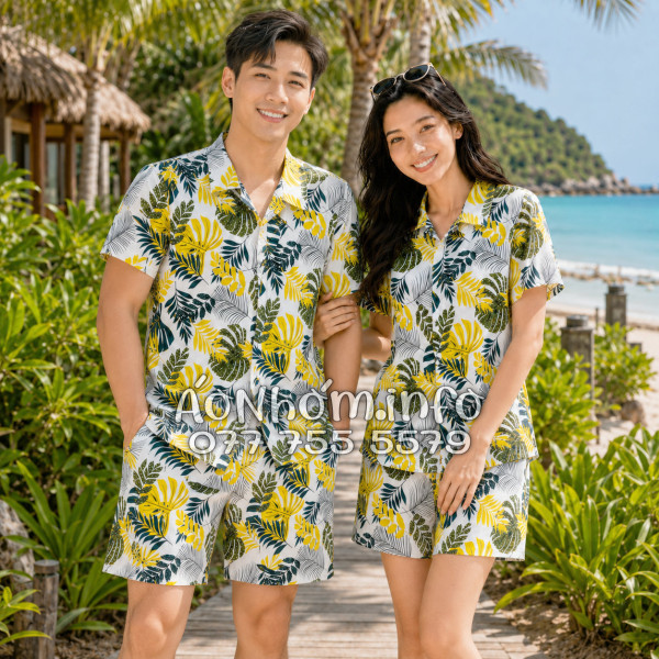 Bộ Áo Quần Nhóm Đi Biển Họa Tiết Lá Vàng Tropical