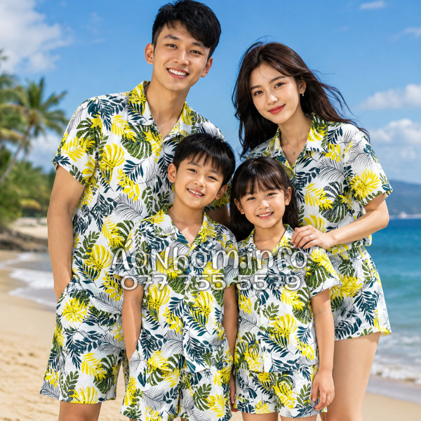 Bộ Áo Quần Nhóm Đi Biển Họa Tiết Lá Vàng Tropical