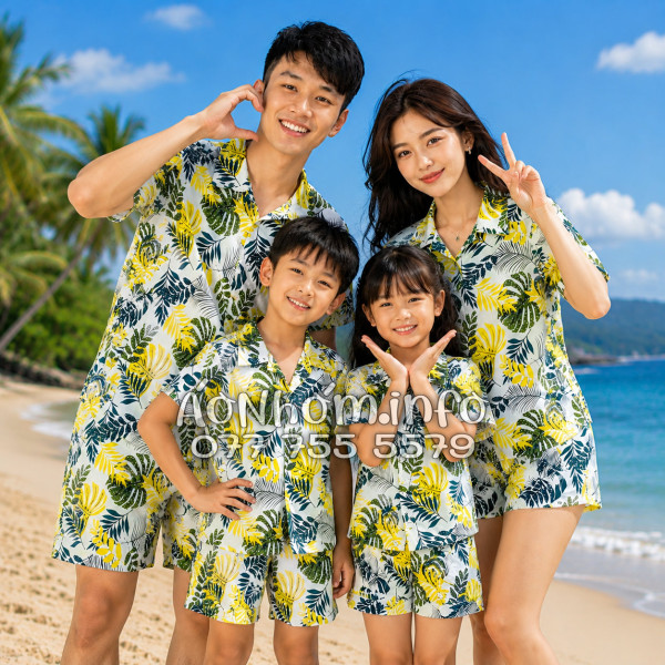 Bộ Áo Quần Nhóm Đi Biển Họa Tiết Lá Vàng Tropical
