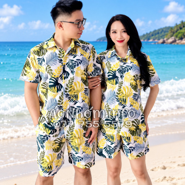 Bộ Áo Quần Nhóm Đi Biển Họa Tiết Lá Vàng Tropical