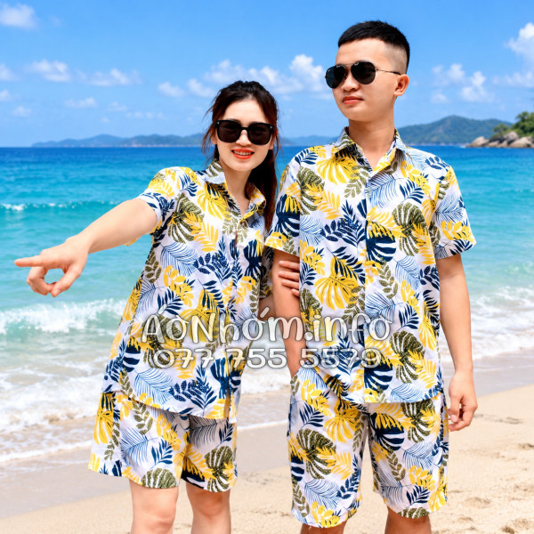 Bộ Áo Quần Nhóm Đi Biển Họa Tiết Lá Vàng Tropical