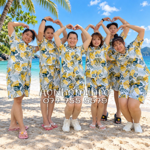 Bộ Áo Quần Nhóm Đi Biển Họa Tiết Lá Vàng Tropical