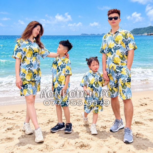 Bộ Áo Quần Nhóm Đi Biển Họa Tiết Lá Vàng Tropical