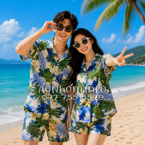 Bộ Áo Quần Nhóm Đi Biển Họa Tiết Lá Cọ Tropical