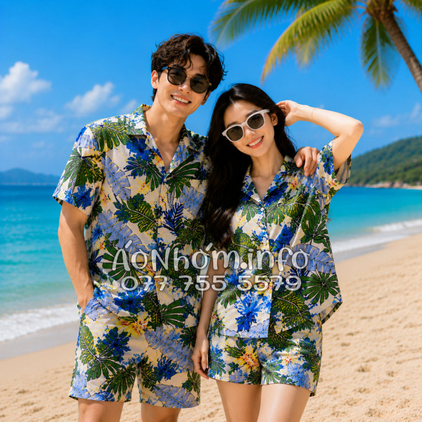 Bộ Áo Quần Nhóm Đi Biển Họa Tiết Lá Cọ Tropical