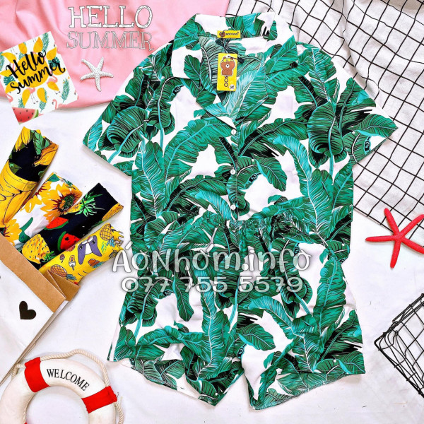 Bộ Áo Quần Nhóm Đi Biển Họa Tiết Lá Chuối Tropical