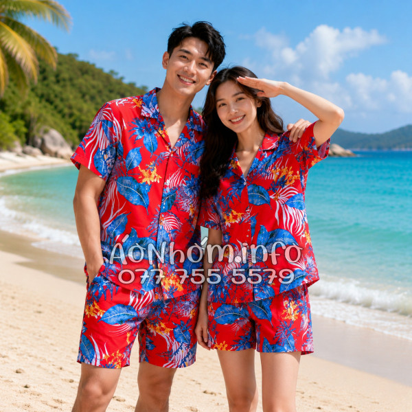 Bộ Áo Quần Nhóm Đi Biển Họa Tiết Hoa Lá Đỏ Tropical