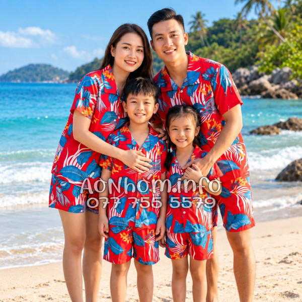 Bộ Áo Quần Nhóm Đi Biển Họa Tiết Hoa Lá Đỏ Tropical