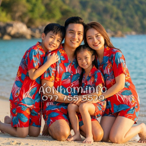 Bộ Áo Quần Nhóm Đi Biển Họa Tiết Hoa Lá Đỏ Tropical