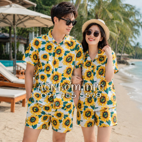 Bộ Áo Quần Nhóm Đi Biển Hoa Hướng Dương Trắng Tropical