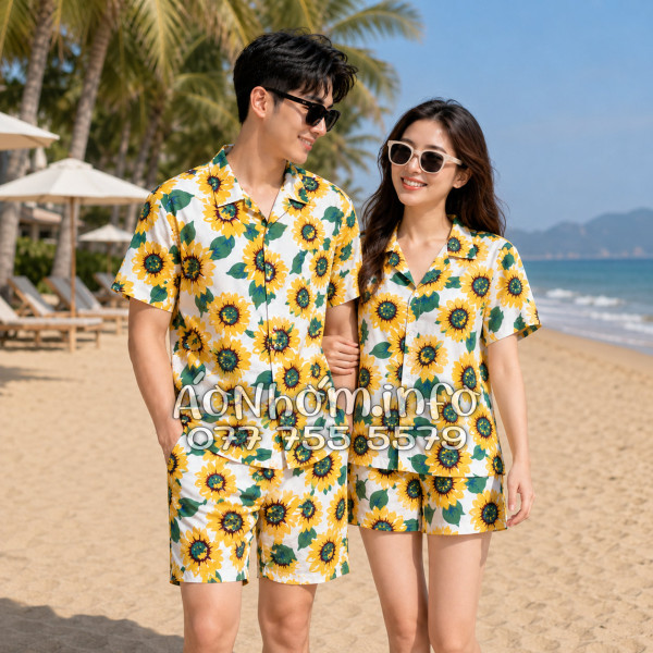 Bộ Áo Quần Nhóm Đi Biển Hoa Hướng Dương Trắng Tropical