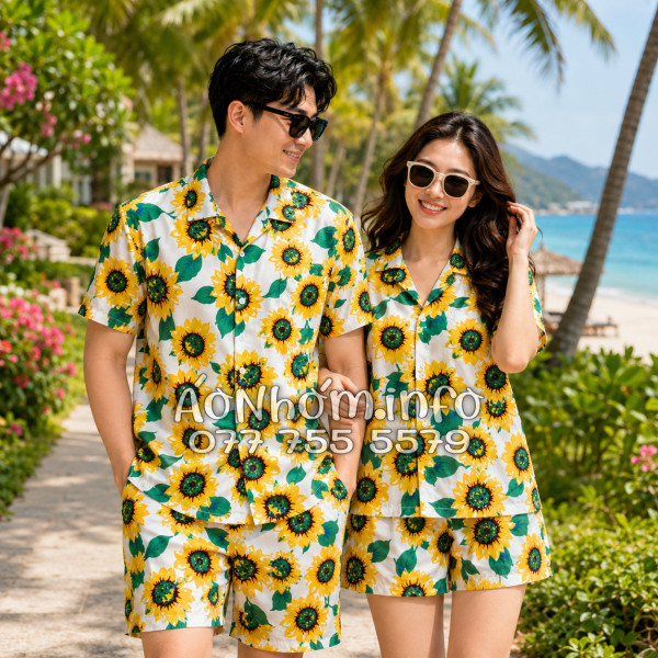 Bộ Áo Quần Nhóm Đi Biển Hoa Hướng Dương Trắng Tropical