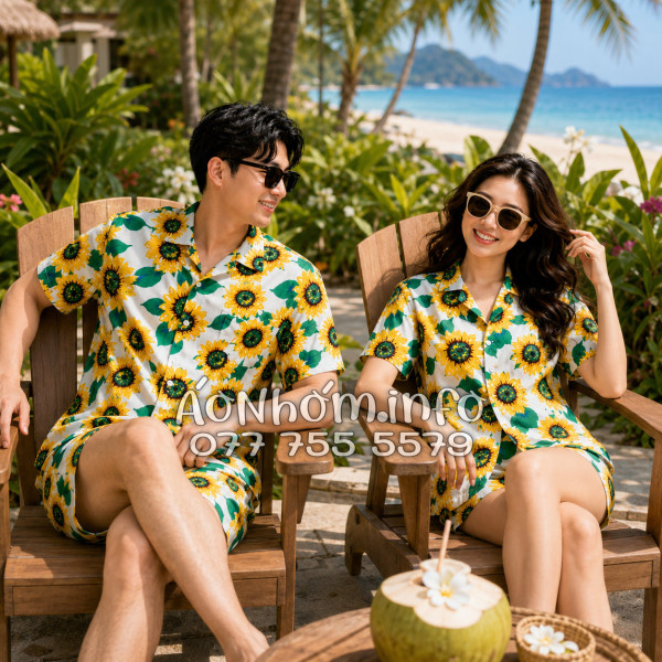 Bộ Áo Quần Nhóm Đi Biển Hoa Hướng Dương Trắng Tropical