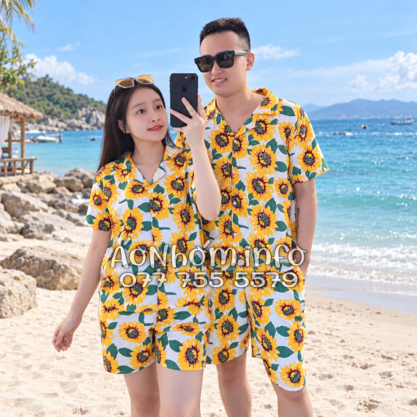 Bộ Áo Quần Nhóm Đi Biển Hoa Hướng Dương Trắng Tropical