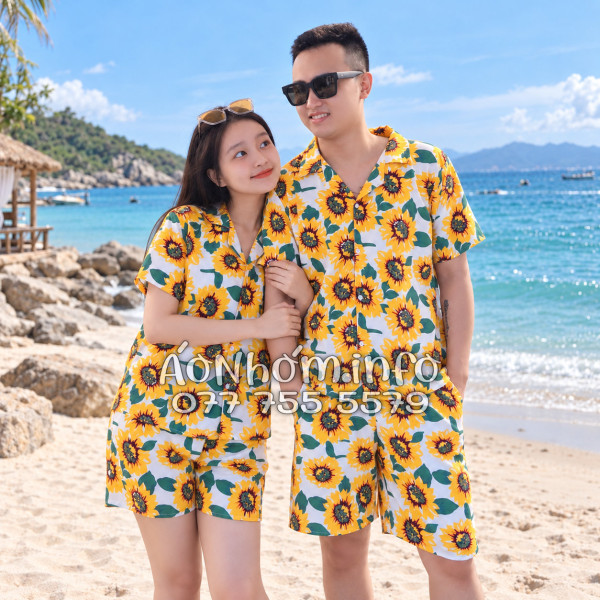 Bộ Áo Quần Nhóm Đi Biển Hoa Hướng Dương Trắng Tropical