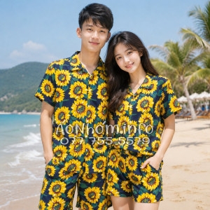Bộ Áo Quần Nhóm Đi Biển Hoa Hướng Dương Xanh Đen Tropical