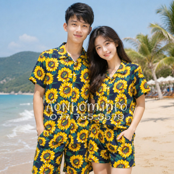 Bộ Áo Quần Nhóm Đi Biển Hoa Hướng Dương Xanh Đen Tropical