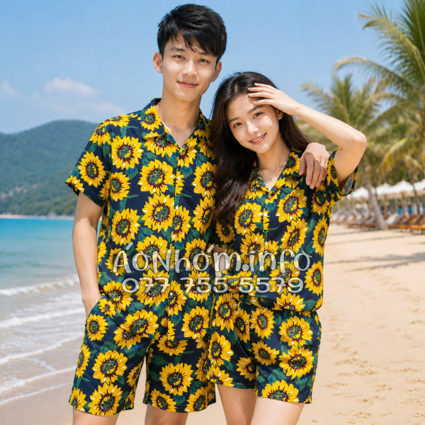 Bộ Áo Quần Nhóm Đi Biển Hoa Hướng Dương Xanh Đen Tropical