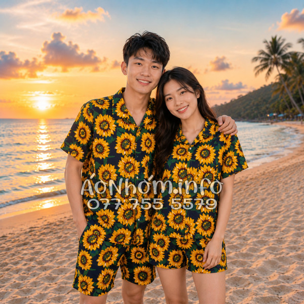 Bộ Áo Quần Nhóm Đi Biển Hoa Hướng Dương Xanh Đen Tropical