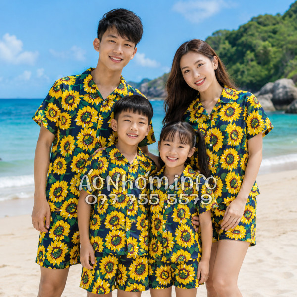 Bộ Áo Quần Nhóm Đi Biển Hoa Hướng Dương Xanh Đen Tropical