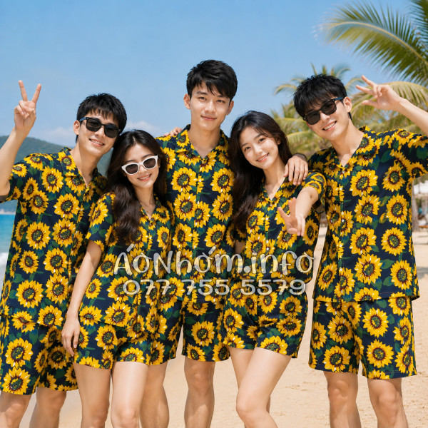 Bộ Áo Quần Nhóm Đi Biển Hoa Hướng Dương Xanh Đen Tropical