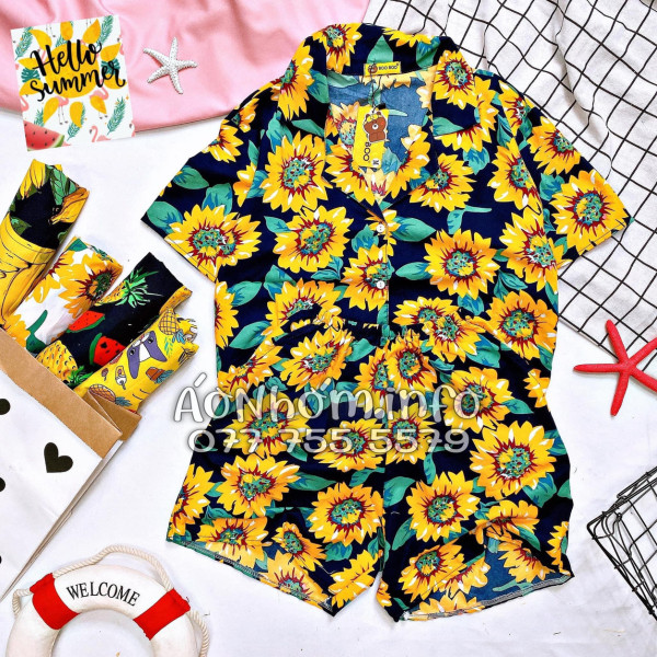 Bộ Áo Quần Nhóm Đi Biển Hoa Hướng Dương Xanh Đen Tropical