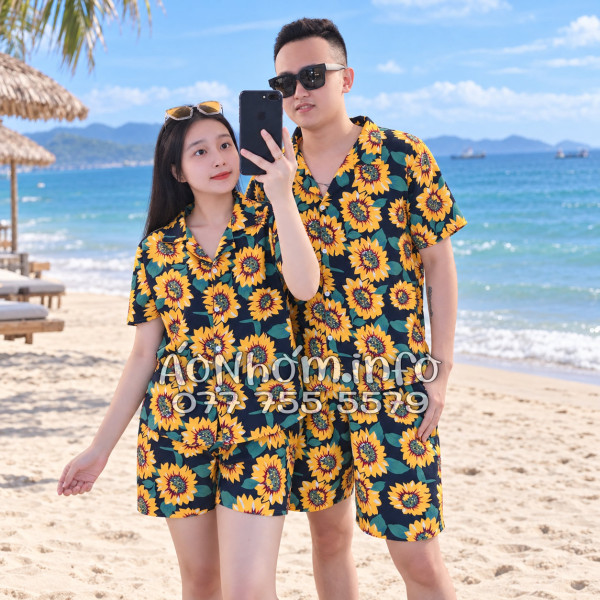 Bộ Áo Quần Nhóm Đi Biển Hoa Hướng Dương Xanh Đen Tropical