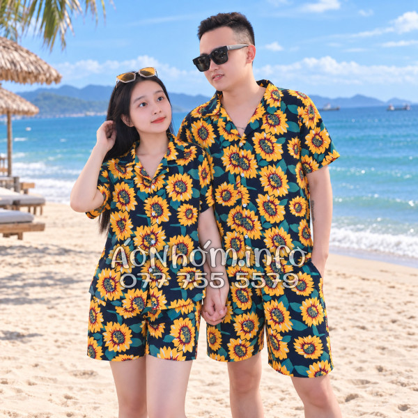 Bộ Áo Quần Nhóm Đi Biển Hoa Hướng Dương Xanh Đen Tropical