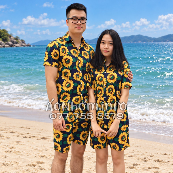 Bộ Áo Quần Nhóm Đi Biển Hoa Hướng Dương Xanh Đen Tropical