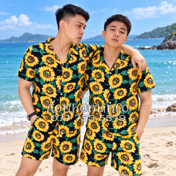 Bộ Áo Quần Nhóm Đi Biển Hoa Hướng Dương Xanh Đen Tropical