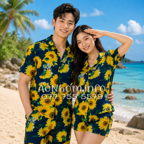 Bộ Áo Quần Nhóm Đi Biển Họa Tiết Hoa Cúc Tropical