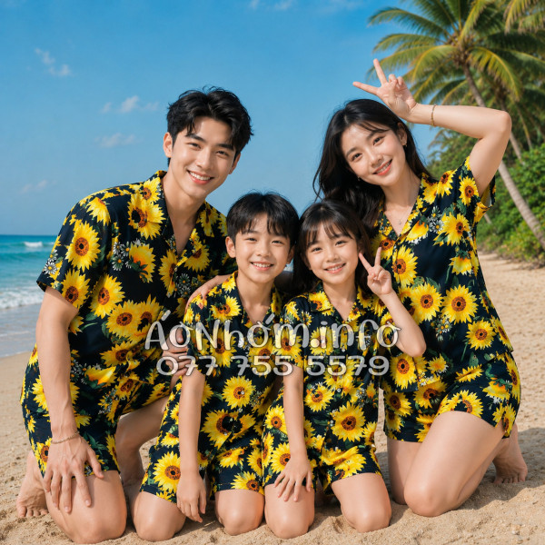 Bộ Áo Quần Nhóm Đi Biển Họa Tiết Hoa Cúc Tropical