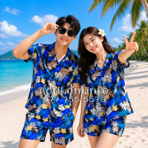 Bộ Áo Quần Nhóm Đi Biển Họa Tiết Hoa Vàng Lá Xanh Tropical