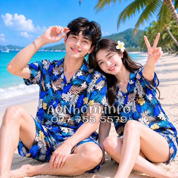 Bộ Áo Quần Nhóm Đi Biển Họa Tiết Hoa Vàng Lá Xanh Tropical